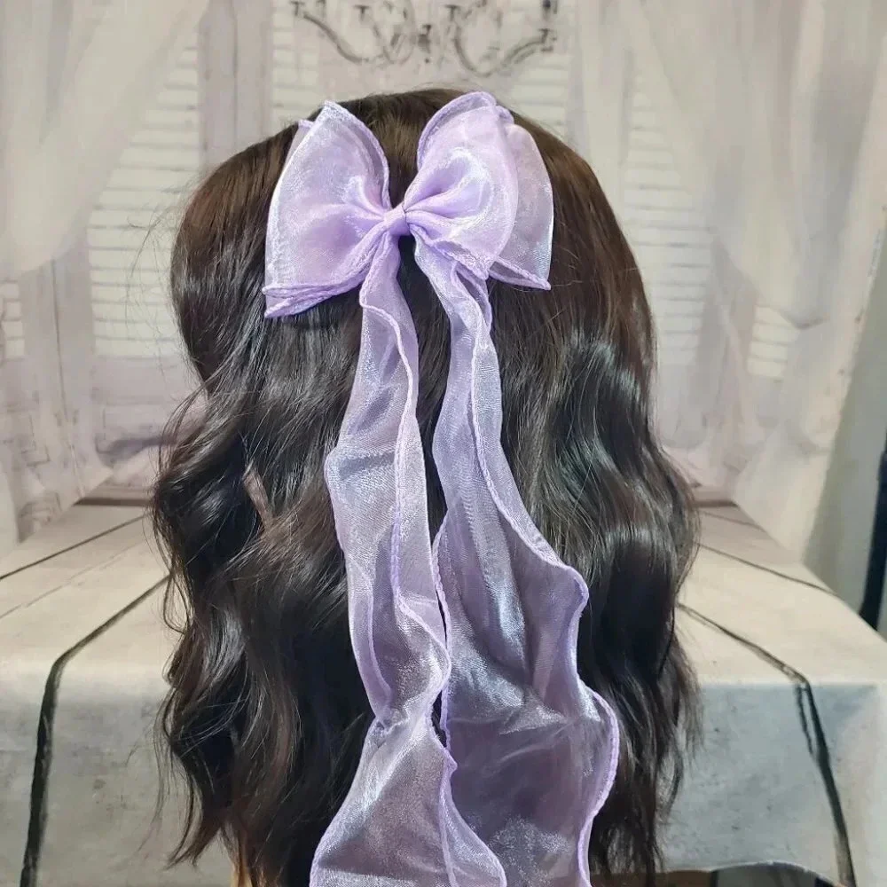 Lavender- Clip In Hair Bows with Long Braidable trails Girls Hair Accessories